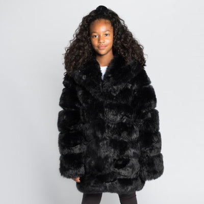 Luxury faux fur coat with illustrated canvas print