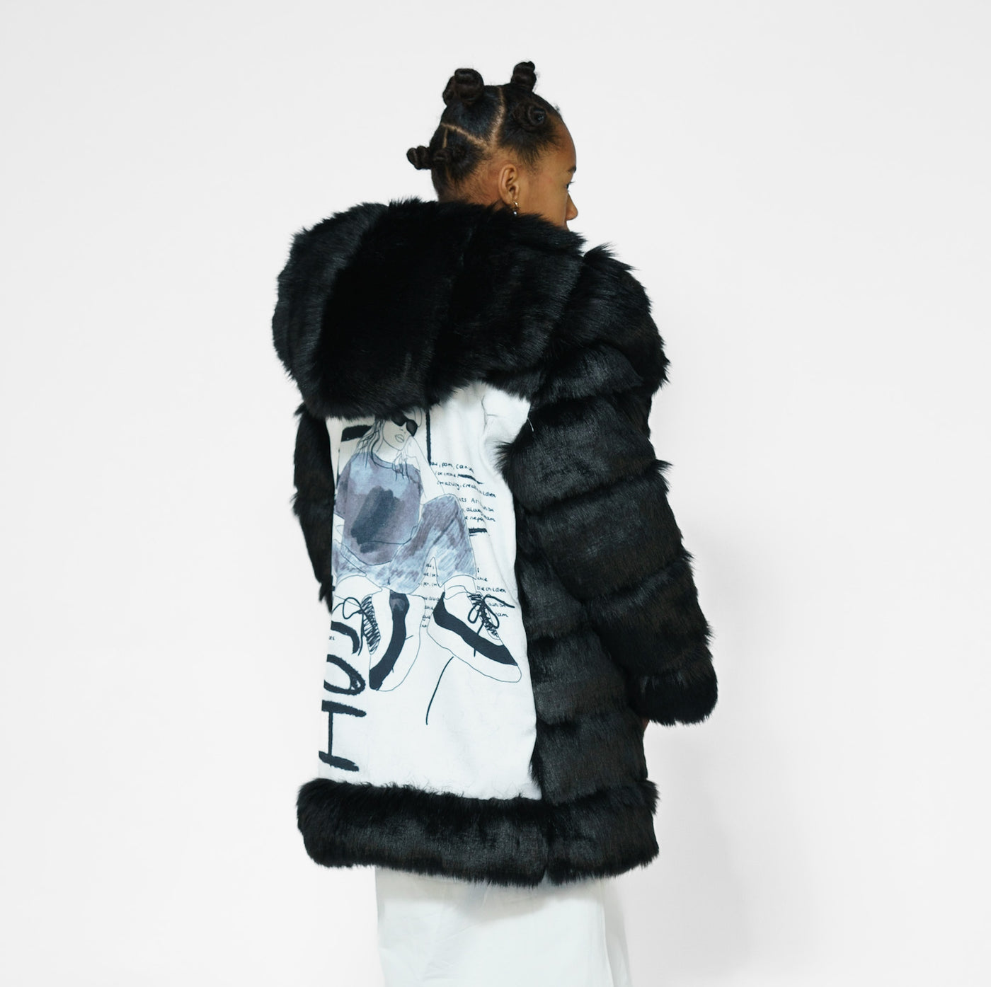 Luxury faux fur coat with illustrated canvas print