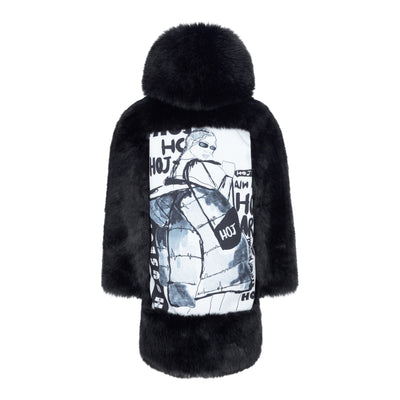 Oversized black faux fur coat illustrated canvas back patch and hoj tape